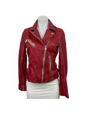 Mauritius Women's Red 100% Leather Full Zip Moto Biker Coat Jacket Size XS